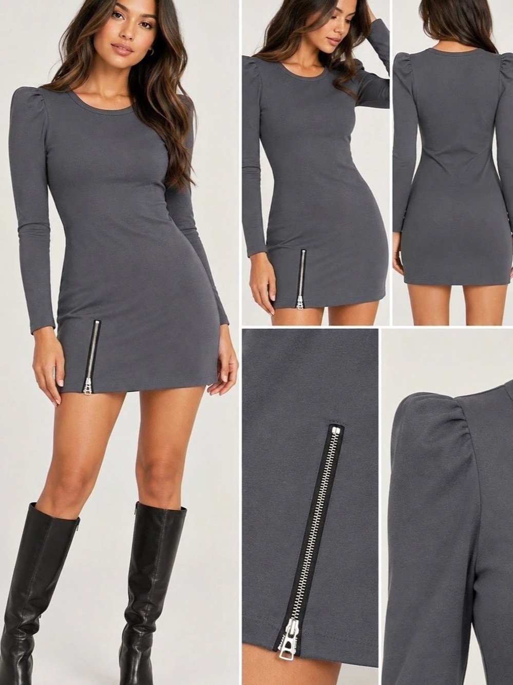 Gray Long Sleeve Mini Dress